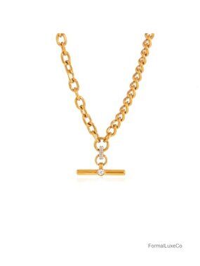 18K Gold Plated T-Bar Necklace for Women, Sparkling White Rhinestone Pendant,